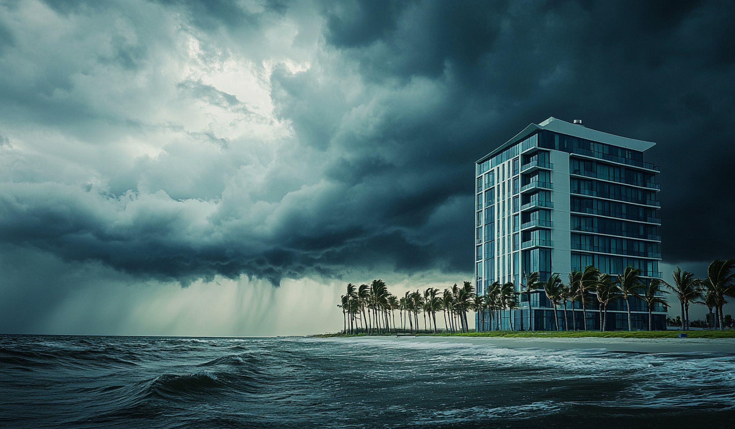 Commercial building on a coastline under an approaching storm system